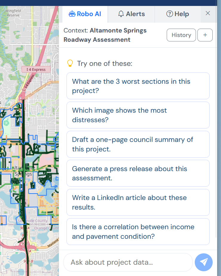 Robo AI panel scoped to a project — suggested prompts include 'worst sections', 'most distresses', 'one-page council summary', and 'correlation between income and pavement condition'